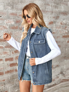 Denim Jacket | Raw Hem Sleeveless Button Up Jacket