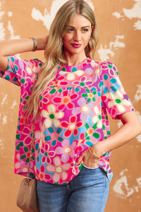 Purple Boho Flower Print Puff Short Sleeve Top | Tops/Tops & Tees