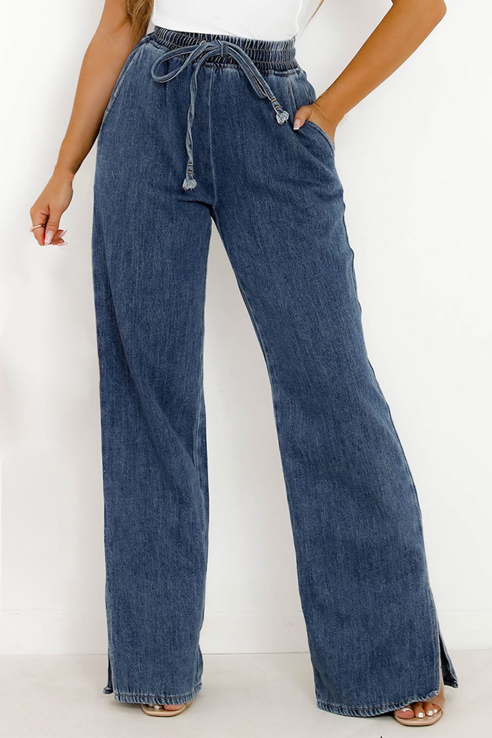 Blue Jeans | Slit Wide Leg Blue Jeans with Pockets