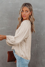 Load image into Gallery viewer, Khaki Pleated Balloon Sleeve Drawstring V-Neck Blouse
