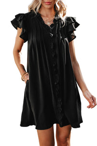 Black Ruffle Sleeve V Neck Frilled Shift Dress | Dresses/Mini Dresses