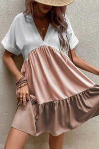 Tiered Loose Dress | Light French Beige Triple Colors V Neck Dress