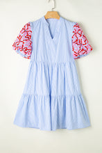 Load image into Gallery viewer, Puff Sleeve Dress | Sky Blue Stripe Contrast Floral Ruffle Dress
