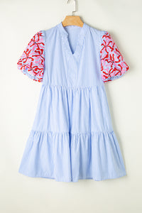 Puff Sleeve Dress | Sky Blue Stripe Contrast Floral Ruffle Dress