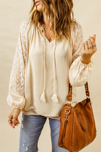 Beige Leopard Mesh Bubble Sleeve Split Neck Blouse | Tops/Blouses & Shirts