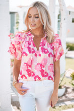 Load image into Gallery viewer, Pink Split Neck Ruffled Puff Sleeves Floral Top | Tops/Tops &amp; Tees
