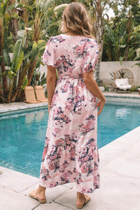 Womens Maxi Dress | Pink Floral Puff Sleeve High Waist Maxi Dress | Dresses/Floral Dresses