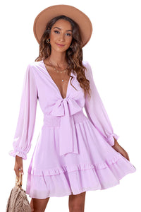 Deep V Neck Lantern Sleeve Knotted Tiered Mini Dress | Dresses/Mini Dresses