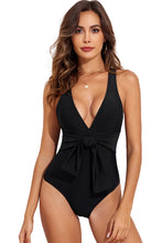 Load image into Gallery viewer, Black Deep V Neck Tie Waist One-piece Swimsuit | Swimwear/One Piece Swimsuit
