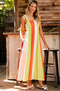 Maxi Dress | Green Color Block High Waist Fit and Flare Dress