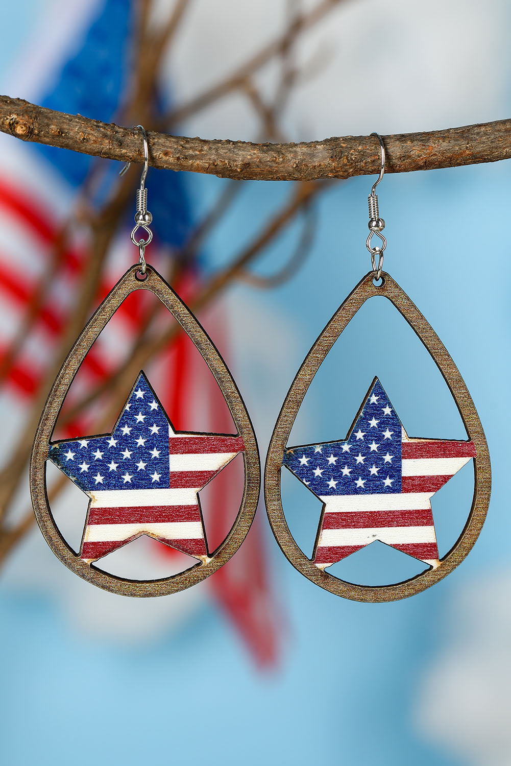 Wood Drop Earrings | Fiery Red American Flag Heart Shape