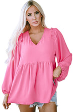 Load image into Gallery viewer, Pink Frilled V Neck Puff Sleeve Babydoll Blouse | Tops/Blouses &amp; Shirts
