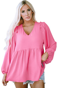 Pink Frilled V Neck Puff Sleeve Babydoll Blouse | Tops/Blouses & Shirts