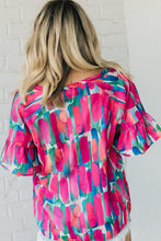 Load image into Gallery viewer, Rose Plus Brushstroke Ruffle Sleeve Button V Neck Blouse | Plus Size/Plus Size Tops/Plus Size Blouses &amp; Shirts
