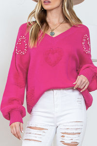 Rose Red Fuzzy Hearts V Neck Sweater