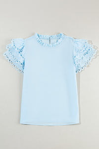 Ruffled Sleeve Top | Eyelet Round Neck Cap Sleeve Blouse