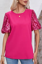 Load image into Gallery viewer, Rose Red Contrast Sequin Puff Sleeve T Shirt
