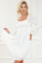 Load image into Gallery viewer, White Jacquard Square Neck Bubble Sleeve Dress | Dresses/Mini Dresses
