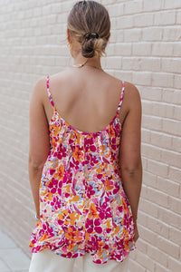 Fiery Red Floral Print Loose Fit Spaghetti Strap Tank Top | Tops/Tank Tops