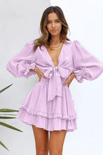 Load image into Gallery viewer, Deep V Neck Lantern Sleeve Knotted Tiered Mini Dress | Dresses/Mini Dresses
