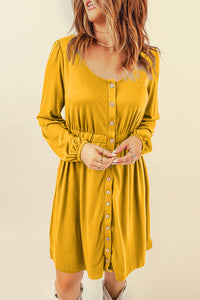 Yellow Button Up High Waist Long Sleeve Dress | Dresses/Midi Dresses