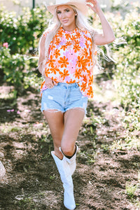 Orange Ruffled Sleeve Smocked Floral Top | Tops/Blouses & Shirts