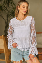 Load image into Gallery viewer, Mesh Blouse | Beige Embroidered Flounce Sleeve Top
