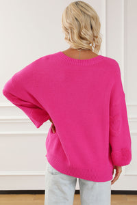 Rose Red Fuzzy Hearts V Neck Sweater