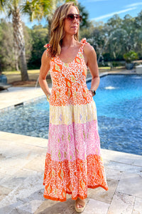 Maxi Dress | Orange Leopard Color-Block Dress