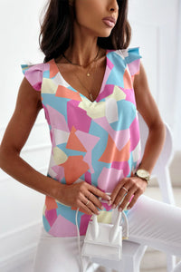 Womens Top | Multicolor Pastel Geometric Print V-Neck Pleated Cap Sleeve Top | Tops/Tops & Tees