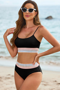 Black Striped Patchwork Spaghetti Strap High Waist Bikini Swimsuit | Swimwear/High Waisted Swimsuit