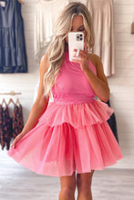 Load image into Gallery viewer, Strawberry Pink Gauze Ruffle Tiered Knotted Halter Dress | Dresses/Mini Dresses
