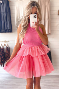 Strawberry Pink Gauze Ruffle Tiered Knotted Halter Dress | Dresses/Mini Dresses