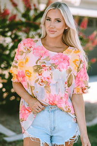 Womens Blouse | Pink Shirred Cuff 3/4 Sleeve Loose Fit Floral Blouse | Tops/Blouses & Shirts