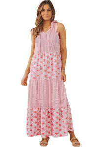 Pink Abstract Print Split Neck Sleeveless Maxi Dress | Dresses/Maxi Dresses