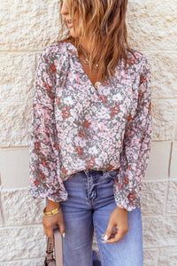 Multicolor Floral Print V Neck Long Puff Sleeve Top