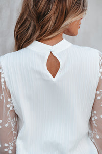 White Lace Sleeve Top | Contrast Lace Mock Neck Blouse