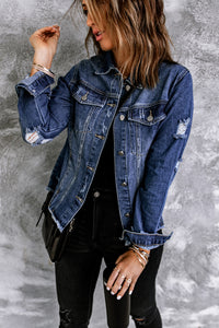 Blue Lapel Distressed Raw Hem Buttons Denim Jacket | Outerwear/Denim jackets