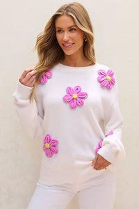 Crochet Flower Sweater | Round Neck Long Sleeve Sweater