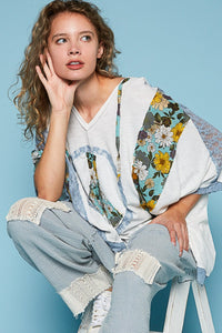 Peace Patch Hooded Top |  V-Neck Floral Print Lace Blouse