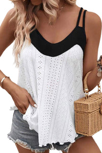 White Two Tone Splicing Eyelet Textured Tank Top | Tops/Tank Tops