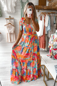 Womens Maxi Dress | Multicolor Vibrant Tropical Print Smocked Ruffle Tiered Maxi Dress | Dresses/Maxi Dresses