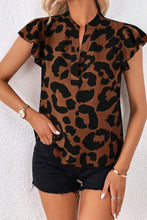 Load image into Gallery viewer, Ruffled Sleeve Blouse | Brown Leopard Split Neck Top
