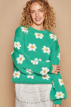 Load image into Gallery viewer, Woman wearing green drop shoulder daisy sweater with round neck and oversized fit, perfect for women&#39;s winter clothes and cozy fashion styles.
