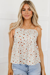 White Tied Shoulder Floral Print Babydoll Tank | Tops/Tank Tops