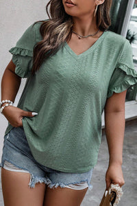 Petal Sleeve Blouse | Laurel Green Jacquard V Neck Blouse