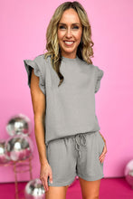 Load image into Gallery viewer, Drawstring Shorts Set | Gray Textured Ruffle Split Top and Shorts
