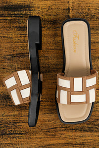 Square Toe Slippers | Beige Two Tone Contrast PU Leather