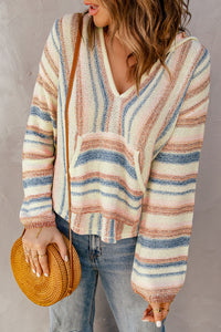 Multicolor Striped Knit Kangaroo Pocket Hooded Sweater | Tops/Sweaters & Cardigans