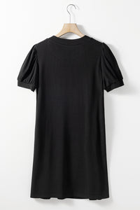 Black Notched Neck Pleated Puff Sleeve Shift T-shirt Dress | Dresses/T Shirt Dresses